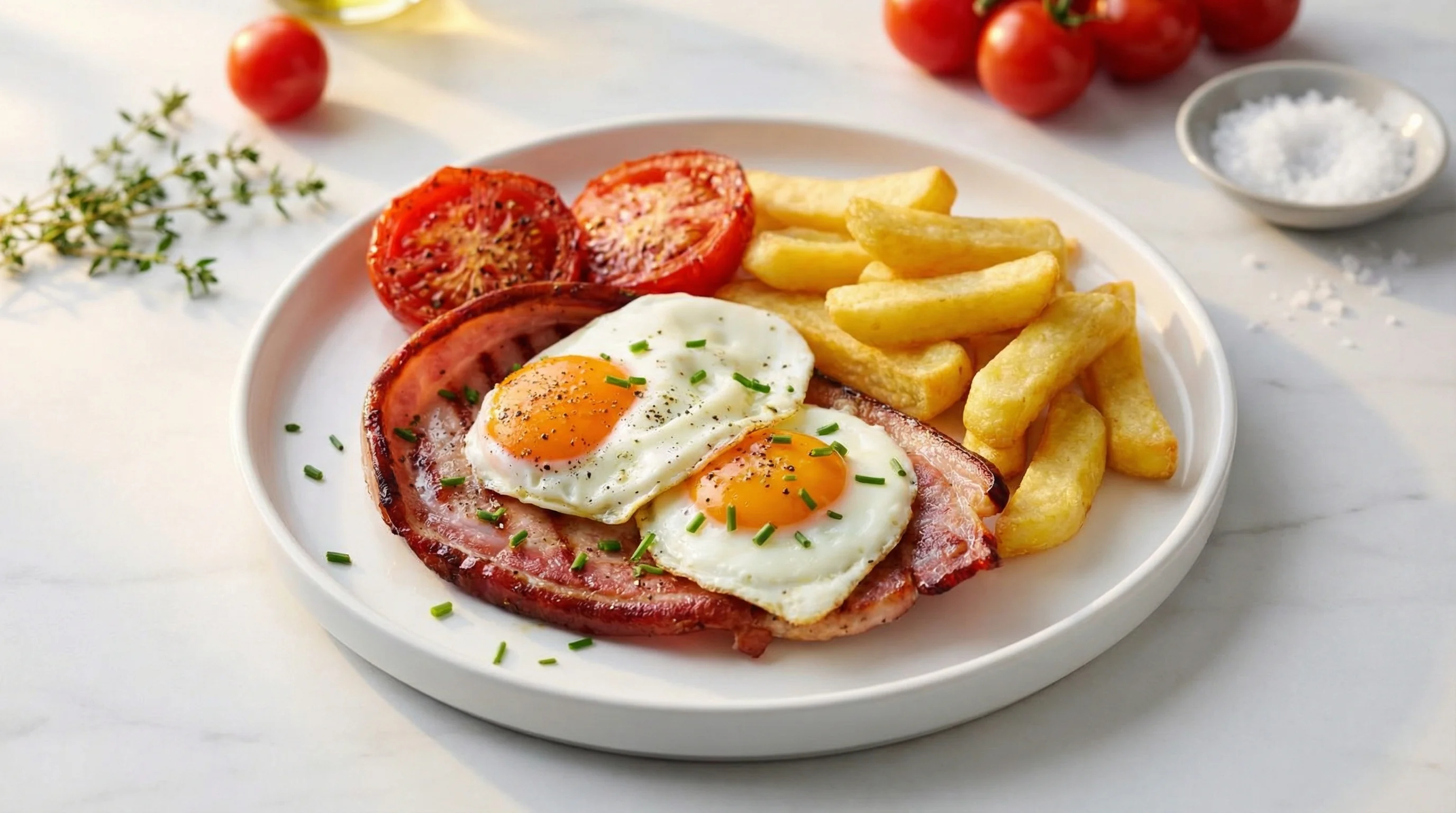 British Gammon Steak with Crispy Oven Chips & Fried Eggs (Low FODMAP) - Low FODMAP Recipe
